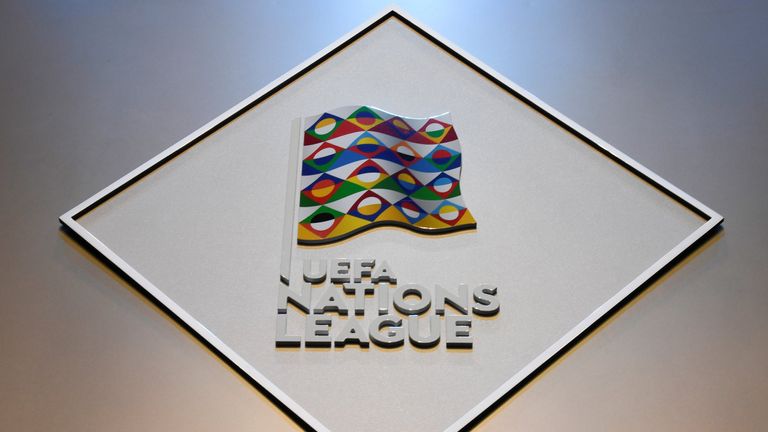 The logo of the UEFA Nations League draw is seen ahead of the competition's draw at the headquarters of the European football organisation in Lausanne