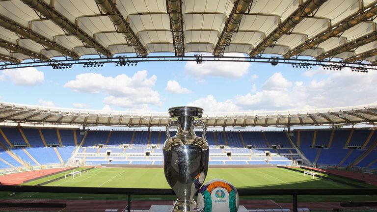ROME, ITALY - SEPTEMBER 22:  A general view of UEFA Euro Trophy in the Stadio Olimpico during the UEFA Euro Roma 2020 Official Logo unveiling at Palazzo de