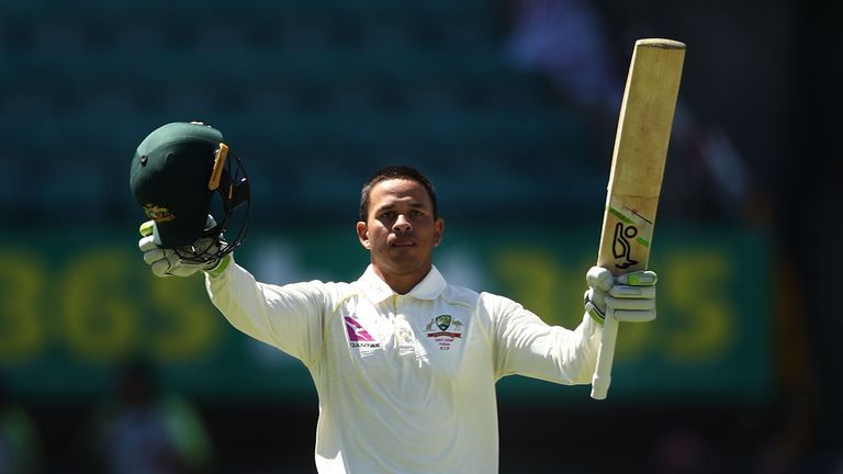 SYDNEY, AUSTRALIA - JANUARY 06:  Usman Khawaja of Australia celebrates after reaching his century  during day three of the Fifth Test match in the 2017/18 