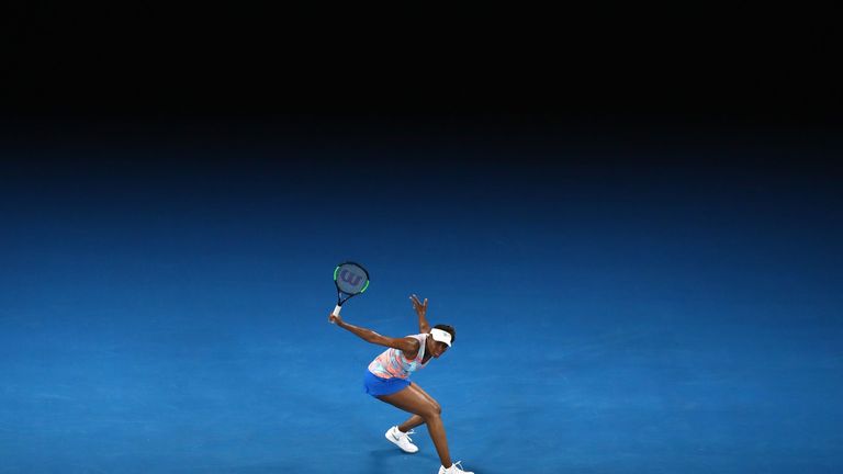 Venus Williams, 2017 finalist, plays a backhand in her first round match defeat to Belinda Bencic of Switzerland