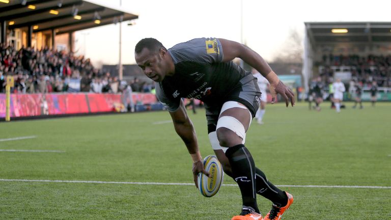 Newcastle Falcons Vereniki Goneva runs in his try during the Aviva Premiership match at Kingston Park, Newcastle.