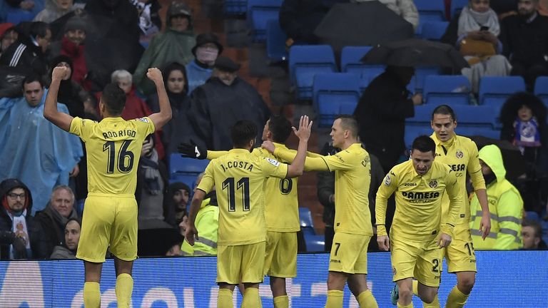 Villarreal's players celebrate after Pablo Fornals scores late in the game to beat Real Madrid 1-0