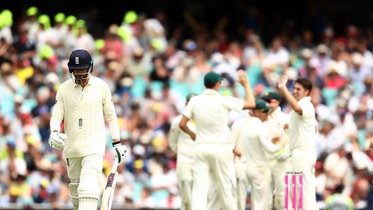 SYDNEY, AUSTRALIA - JANUARY 04:  James Vince of England looks dejected after being dismissed by Pat Cummins of Australia during day one of the Fifth Test m