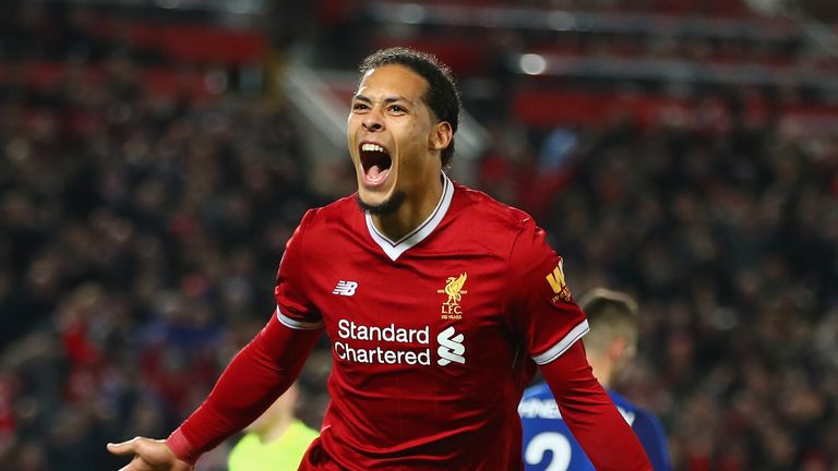 LIVERPOOL, ENGLAND - JANUARY 05:  Virgil van Dijk of Liverpool celebrates as he scores their second goal during the Emirates FA Cup Third Round match betwe