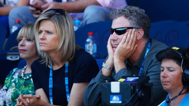 Will Ferrell and his wife Viveca Paulin watch the second round match between Caroline Wozniacki of Denmark and Jana Fett