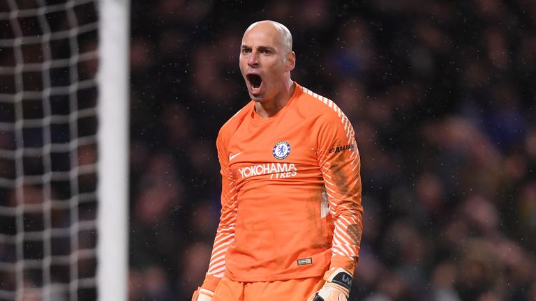 LONDON, ENGLAND - JANUARY 17:  Willy Caballero of Chelsea celebrates after saving a penalty from Nelson Oliveira of Norwich City during The Emirates FA Cup