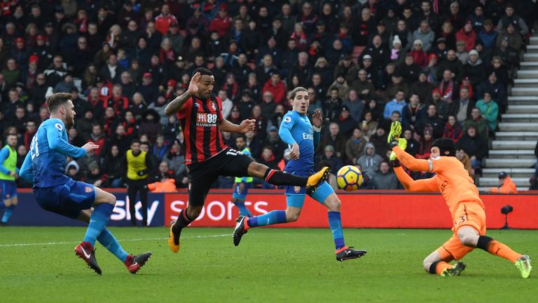 BOURNEMOUTH, ENGLAND - JANUARY 14:  Callum Wilson of AFC Bournemouth scores his sides first goal during the Premier League match between AFC Bournemouth an
