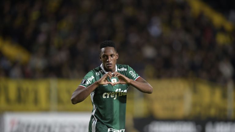 Brazil's Palmeiras player Yerry Mina celebrates after scoring a goal against Uruguay's Penarol during their Libertadores Cup football match at the Campeone