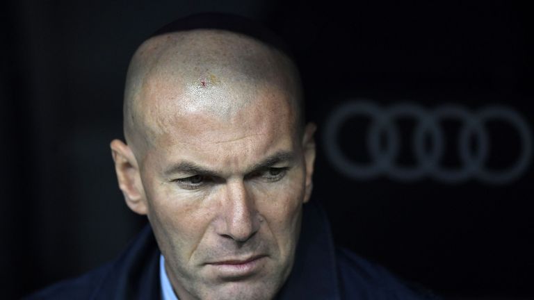 Real Madrid's French coach Zinedine Zidane attends the Spanish league football match between Real Madrid and Villarreal at the Santiago Bernabeu Stadium in