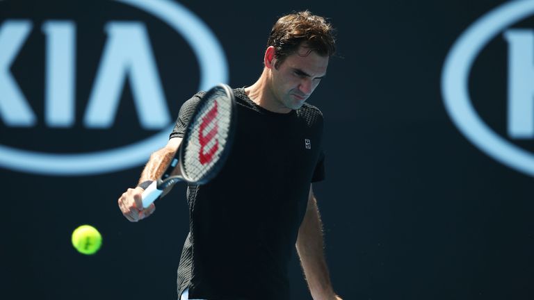 Roger Federer of Switzerland plays a backhand during a practice session on day 11 of the 2018 Australian Open at Melbourne