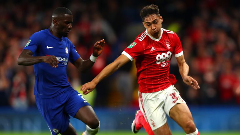 Tyler Walker playing for Forest against Chelsea in  the Carabao Cup
