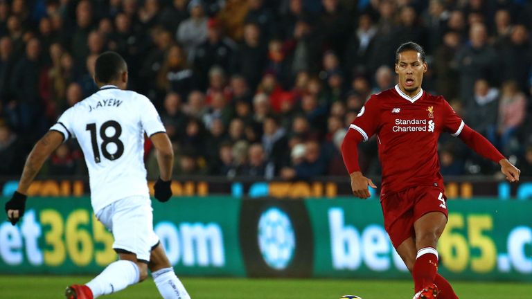 Liverpool defender Virgil van Dijk passes the ball during the English Premier League football match against Swansea City