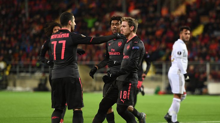 Arsenal celebrate during UEFA Europa League Round of 32 match against Ostersunds FK at the Jamtkraft Arena on February 15, 2018 in Ostersund, Sweden.