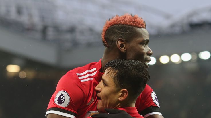 Manchester United's Paul Pogba and Alexis Sanchez celebrate during the win over Huddersfield Town