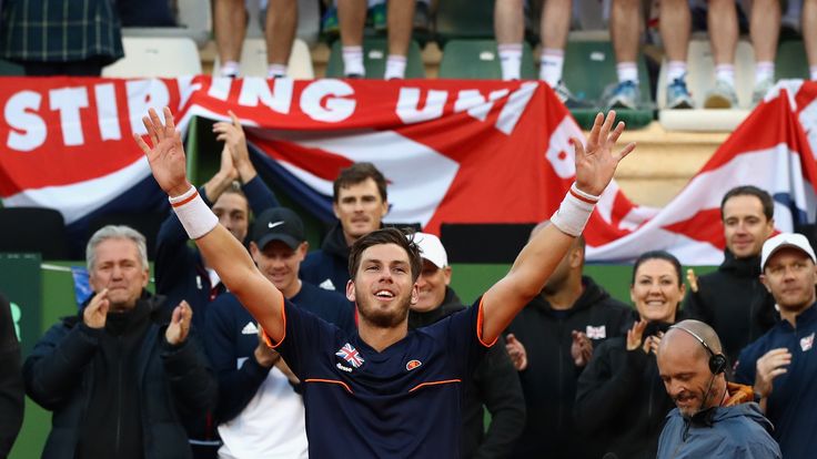 MARBELLA, SPAIN - FEBRUARY 02:  Cam Norrie of Great Britain celebrates defeating Roberto Bautista Agut of Spain during day one of the Davis Cup World Group