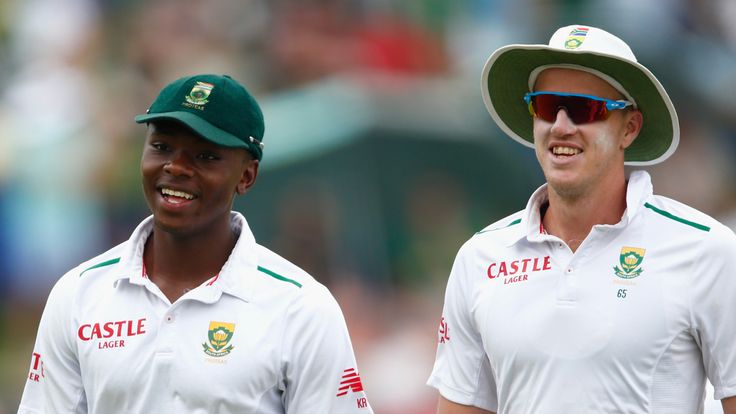 CENTURION, SOUTH AFRICA - JANUARY 24:  Kagiso Rabada of South Africa walks off with Morne Morkel of South Africa after he took the wicket of Jonny Bairstow