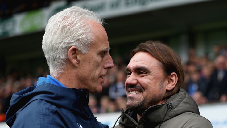 IPSWICH, ENGLAND - OCTOBER 22: Mick McCarthy, manager of Ipswich and Daniel Farke, Manager of Norwich City embrace prior to the Sky Bet Championship match 