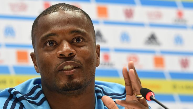 Patrice Evra holds a press conference at the Velodrome Stadium in Marseille, southeastern France, on August 23, 2017