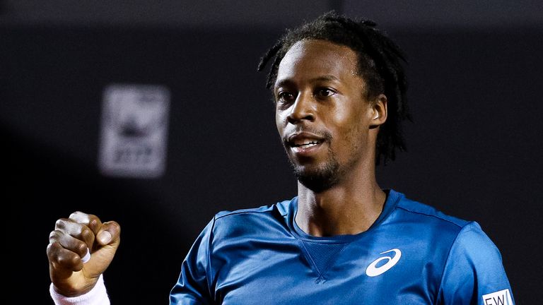 Gael Monfils of France celebrates after winning his match against Marin Cilic of Croatia during the ATP Rio Open 2018