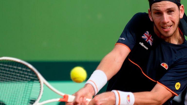 British Cameron Norrie returns the ball to Spain´s Albert Ramos during the first round of the Davis Cup tennis match between Spain and Great Britain at th