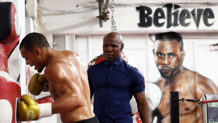 BRIGHTON, ENGLAND - SEPTEMBER 28:  Chris Eubank keeps an eye on his son Chris Eubank Jnr. as he trains during a media workout at on September 28, 2017 in H