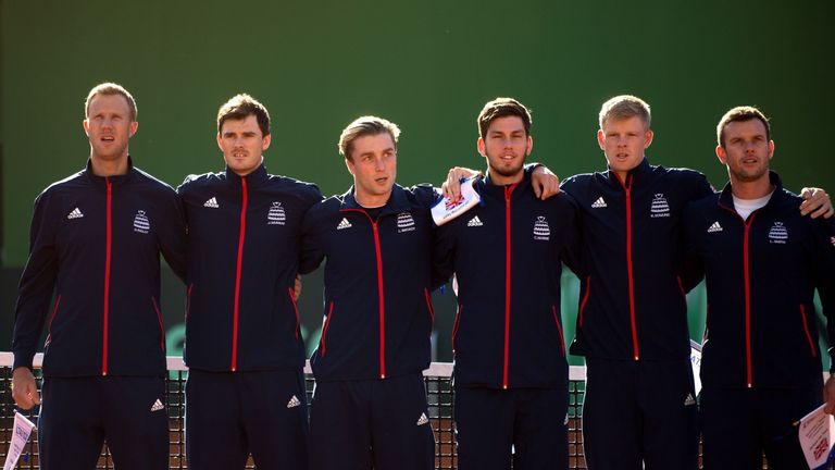 (FromL) Great Britain's Davis Cup team players Dominic Inglot, Jamie Murray, Liam Broady, Cameron Norrie, Kyle Edmund and captain Leon Smith pose before th