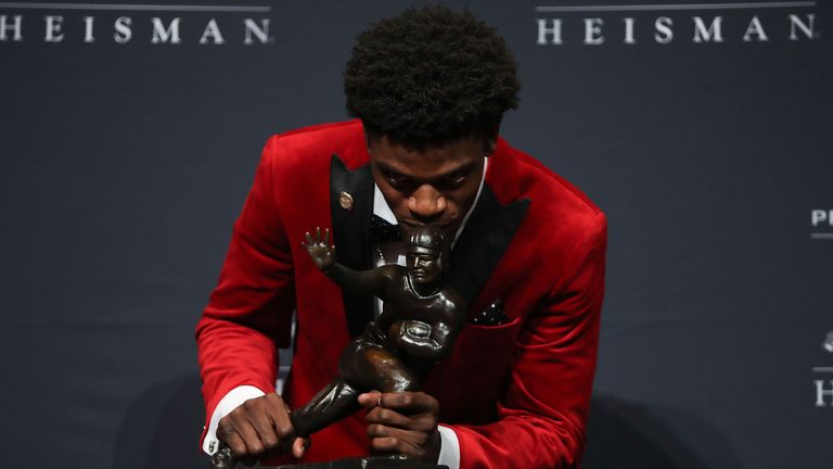 NEW YORK, NY - DECEMBER 10:  Lamar Jackson of the Louisville Cardinals poses for a photo after being named the 82nd Heisman Memorial Trophy Award winner du