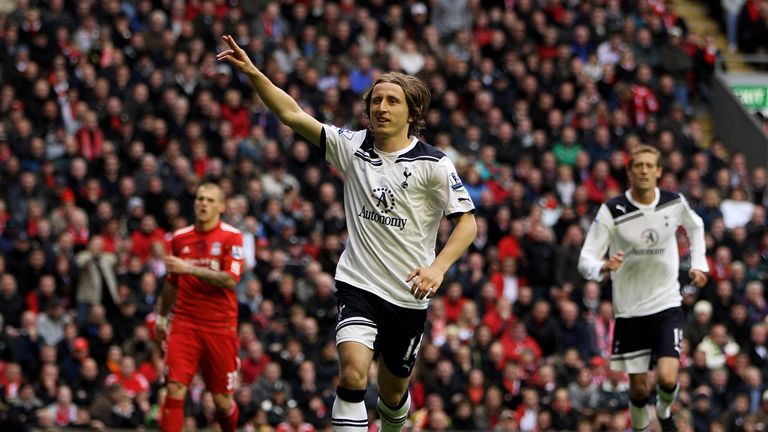 Luka Modric of Tottenham celebrates after scoring his team's second goal from the penalty spot during the 2011 Premier League win over Liverpool at Anfield