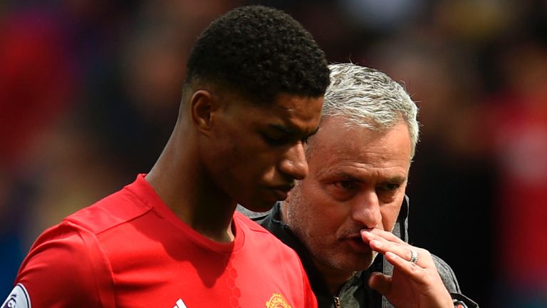 Manchester United manager Jose Mourinho talks with striker Marcus Rashford as they leave the pitch at the end of the game against Swansea at Old Trafford