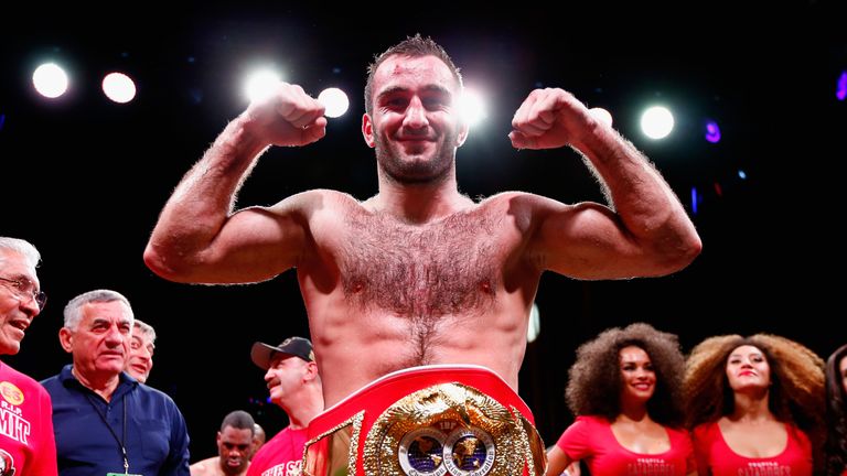 MASHANTUCKET, CT - APRIL 17:  Murat Gassiev celebrates with the belt after winning by TKO against Felix Cora, Jr. during their IBF Intercontinental Crusier