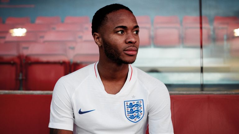 Raheem Sterling modelling England's 2018 World Cup kit