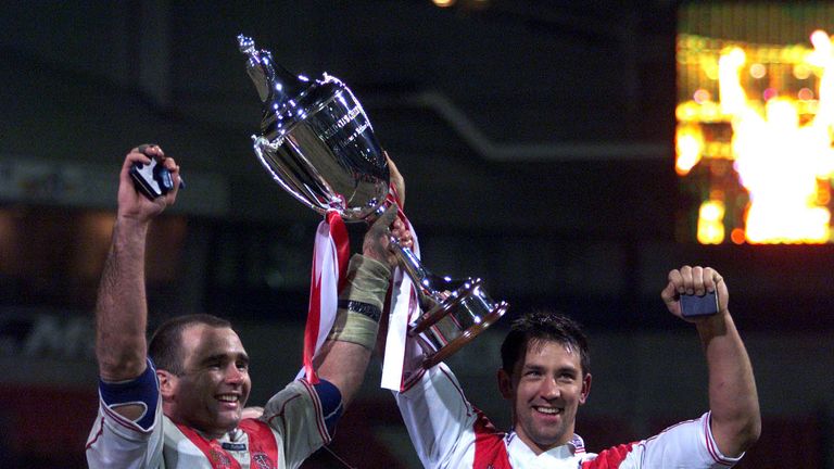 Paul Sculthorpe and Chris Joynt of St Helens celebrate after winning the World Club Challenge match 