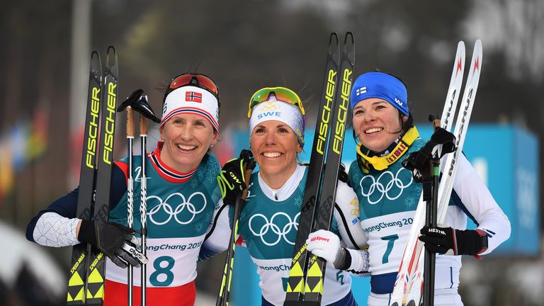 PYEONGCHANG-GUN, SOUTH KOREA - FEBRUARY 10:  (L-R) Silver medalist Marit Bjoergen of Norway, gold medalist Charlotte Kalla of Sweden and bronze medalist Kr