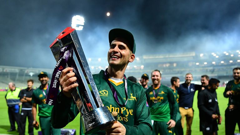 BIRMINGHAM, ENGLAND - SEPTEMBER 02:  Alex Hales of Notts celebrates with the trophy after winning the NatWest T20 Blast Final between Birmingham Bears and 