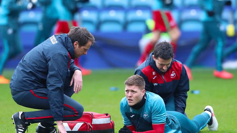 Swansea City's Alfie Mawson recieves medical attention from staff ahead of the Emirates FA Cup, Fifth Round match at Hillsborough, Sheffield.
