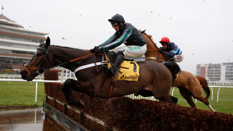 Altior ridden by Nico de Boinville clear the water jump before going on to win The Betfair Exchange Steeple Chase Race run during Betfair Super Saturday at