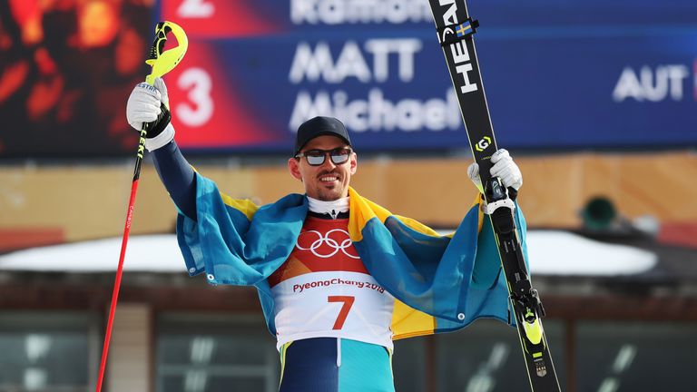 Gold medallist Andre Myhrer of Sweden celebrates during the victory ceremony for the men's slalom