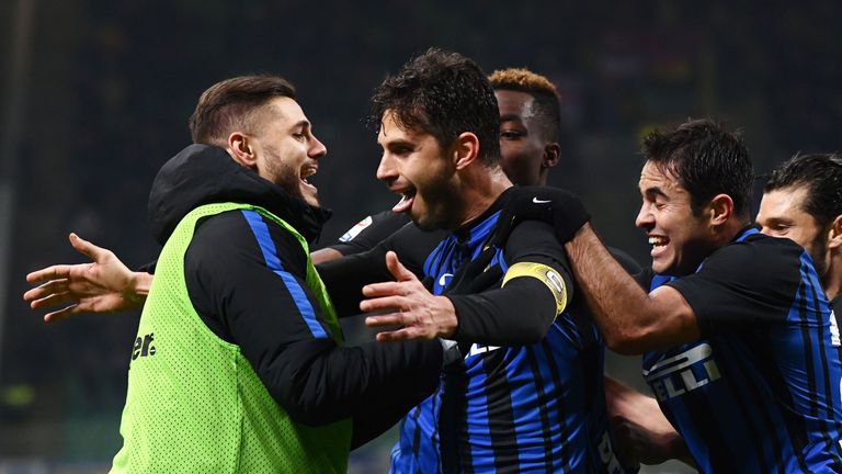 Inter Milan's defender Andrea Ranocchia (2ndL) from Italy celebrates with teammates after scoring during the Italian Serie A football match Inter Milan Vs 