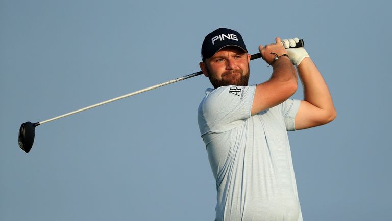 MUSCAT, OMAN - FEBRUARY 15:  Andy Sullivan of England watches his tee shot on the par five 12th hole during the first round of the NBO Oman Open at Al Mouj