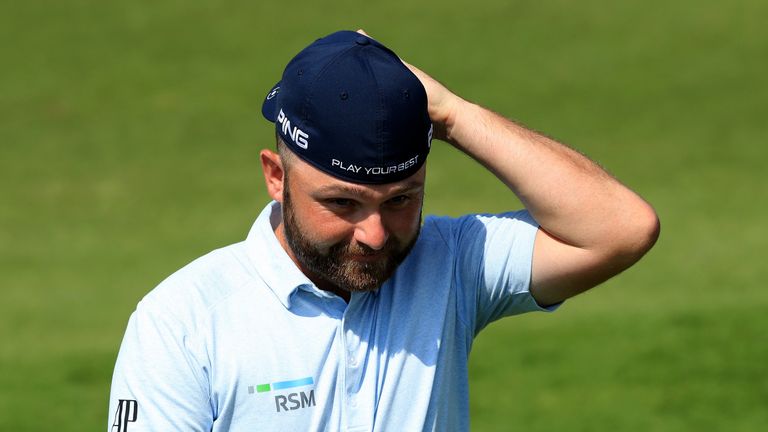 MUSCAT, OMAN - FEBRUARY 15:  Andy Sullivan of England walking off of the 9th gree during the first round of the NBO Oman Open at Al Mouj Golf on February 1