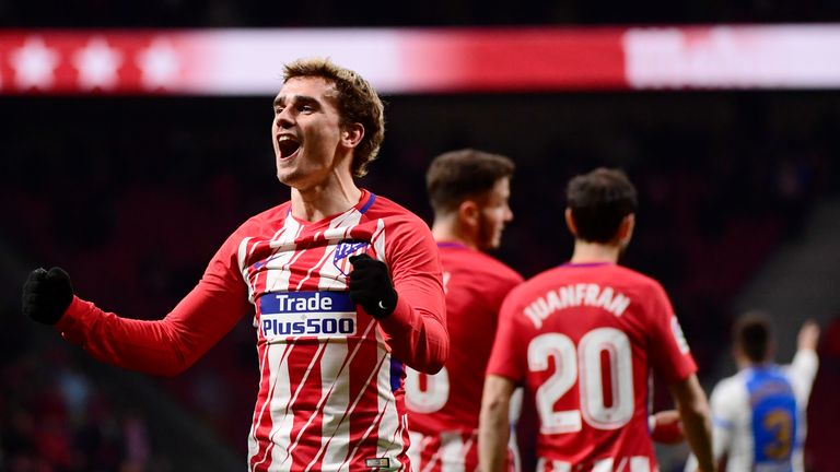 Antoine Griezmann celebrates after completing his hat-trick against Leganes