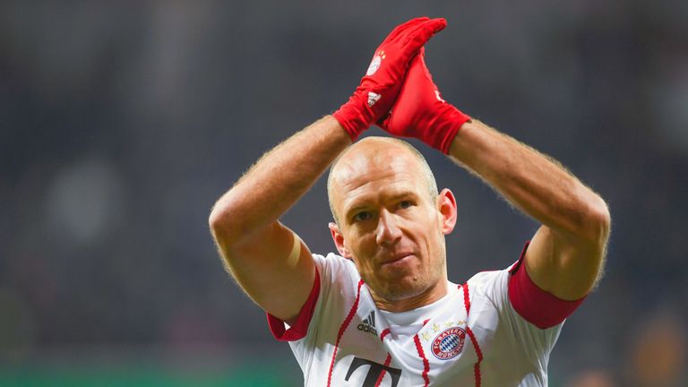 Bayern Munich's Dutch midfielder Arjen Robben celebrates at the end of the German football Cup DFB Pokal quarter-final match SC Paderborn versus Bayern Mun
