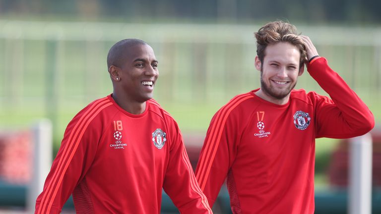 MANCHESTER, ENGLAND - SEPTEMBER 29:  Ashley Young and Daley Blind of Manchester United in action during a first team training session at Aon Training Compl