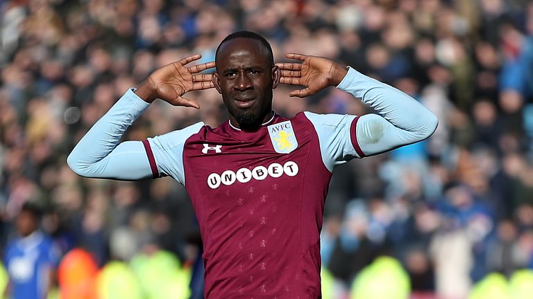 Aston Villa's Albert Adomah celebrates scoring his side's first goal of the game during the Second City derby