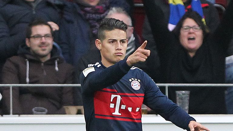Munich's Bayern Munich's Colombian midfielder James Rodriguez celebrates scoring the 1-0 during the German first division Bundesliga football match Mainz 0