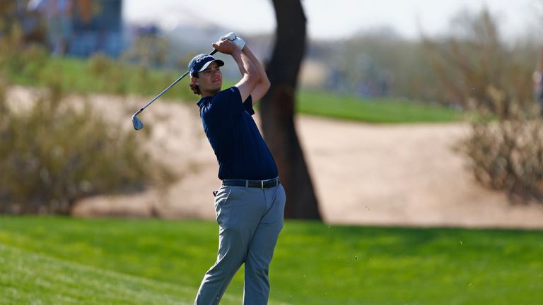 SCOTTSDALE, AZ - FEBRUARY 04:  Beau Hossler watches his second shot on the first hole during the final round of the Waste Management Phoenix Open at TPC Sc