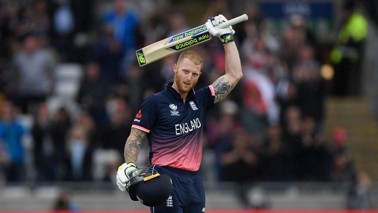 BIRMINGHAM, ENGLAND - JUNE 10:  England batsman Ben Stokes reaches his century during the ICC Champions Trophy match between England and Australia at Edgba