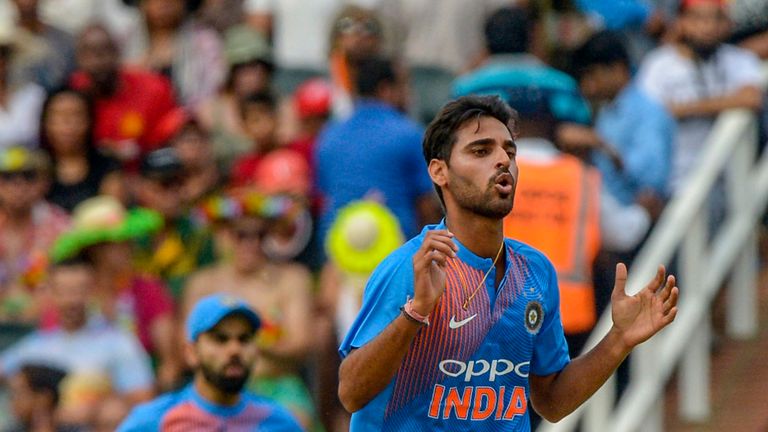 JOHANNESBURG, SOUTH AFRICA - FEBRUARY 18:  Buvneshwar Kumar of India during the 1st KFC T20 International match between South Africa and India at Bidvest W