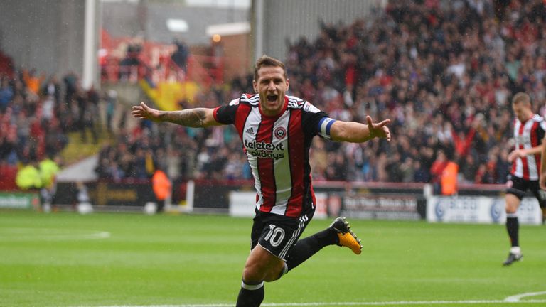SHEFFIELD, ENGLAND - AUGUST 19: Billy Sharp of Sheffield United celebrates after scoring during the Sky Bet Championship match between Sheffield United and