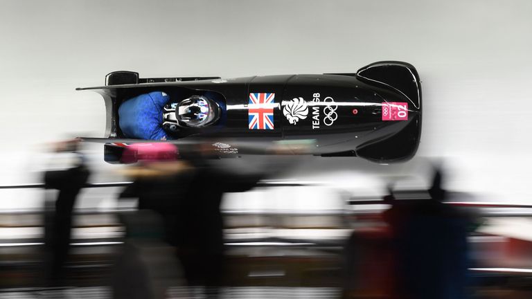 Great Britain's Brad Hall and Great Britain's Joel Fearon compete in the 2-man bobsleigh heat 2 run during the Pyeongchang 2018 Winter Olympic Games, at th